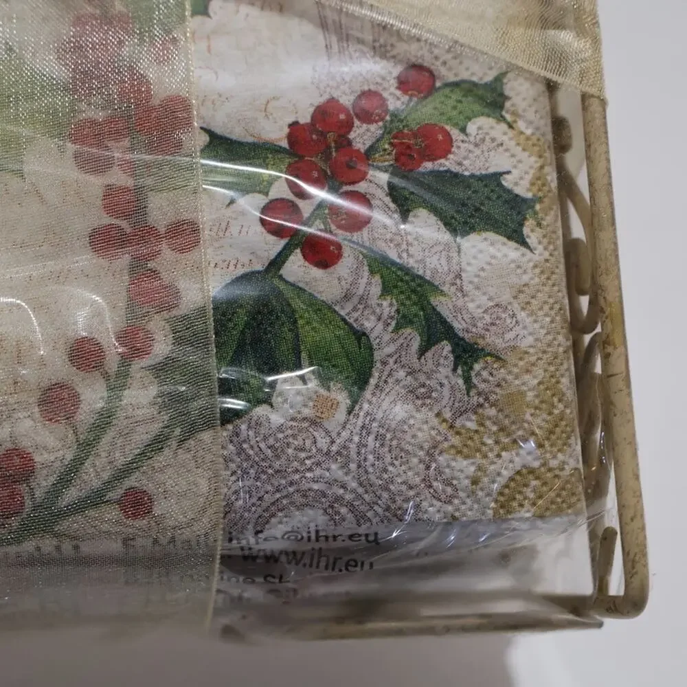 Ideal Home Cocktail Napkins Gold Caddy Holly Collage Christmas 40 Napkins NEW